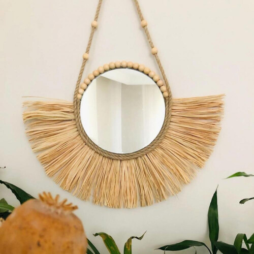 Rattan Hanging Mirror Straw Moroccan Wood Art Multi-function Acrylic Hanging Decorative 2
