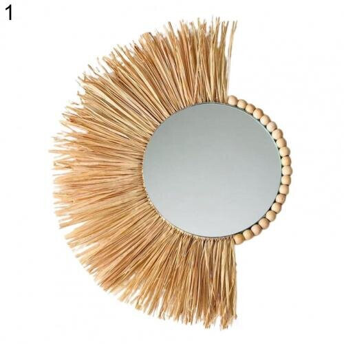 Rattan Hanging Mirror Straw Moroccan Wood Art Multi-function Acrylic Hanging Decorative