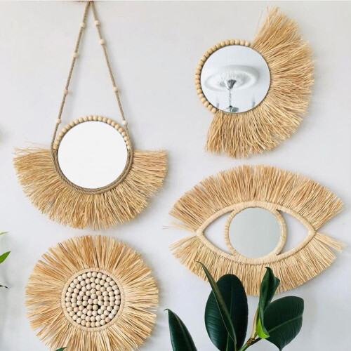 Rattan Hanging Mirror Straw Moroccan Wood Art Multi-function Acrylic Hanging Decorative 1