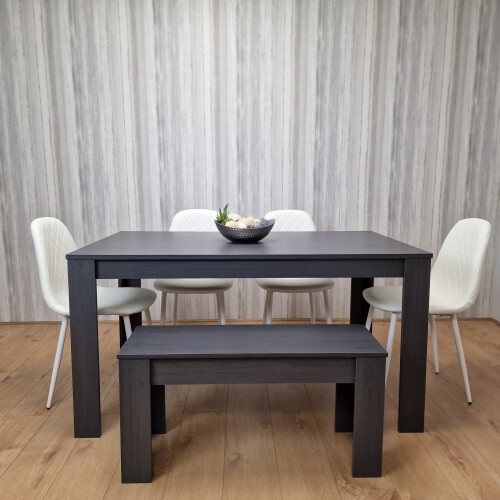 Grey Dining Set with 4 Diamond Stitched White Chairs and 1 Bench 1