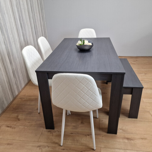 Grey Dining Set with 4 Diamond Stitched White Chairs and 1 Bench 2