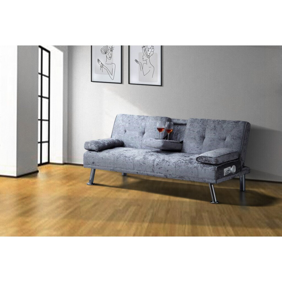 (Steel) Bluetooth Cinema Sofa Bed with Drink Cup Holder Table Crush Velvet 4 Colours
