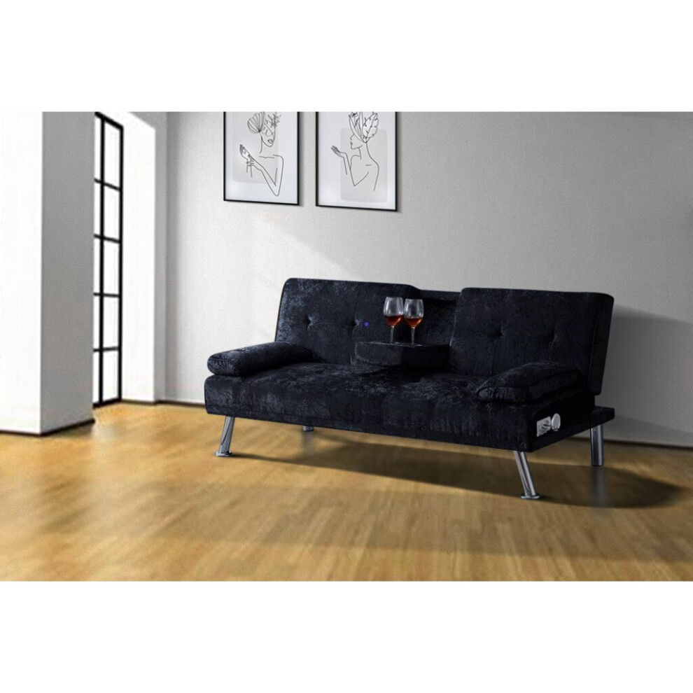 (Black) Bluetooth Cinema Sofa Bed with Drink Cup Holder Table Crush Velvet 4 Colours