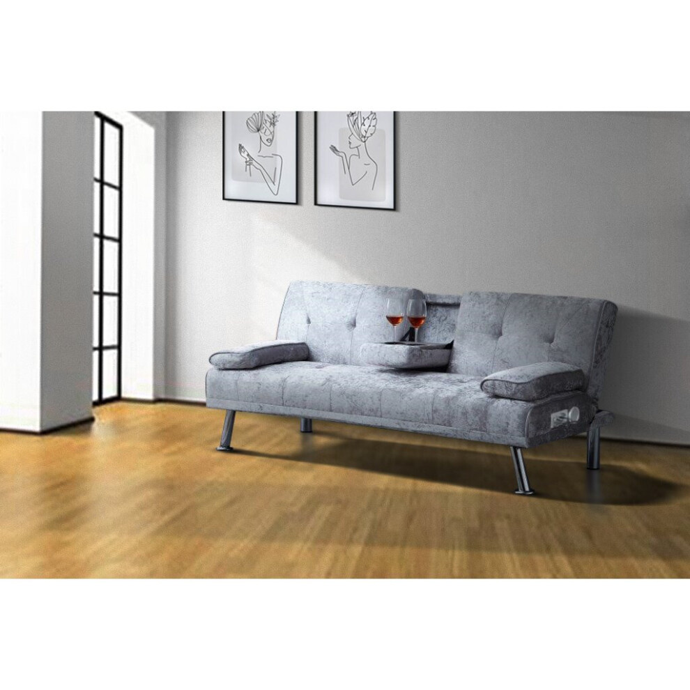 (Silver) Bluetooth Cinema Sofa Bed with Drink Cup Holder Table Crush Velvet 4 Colours