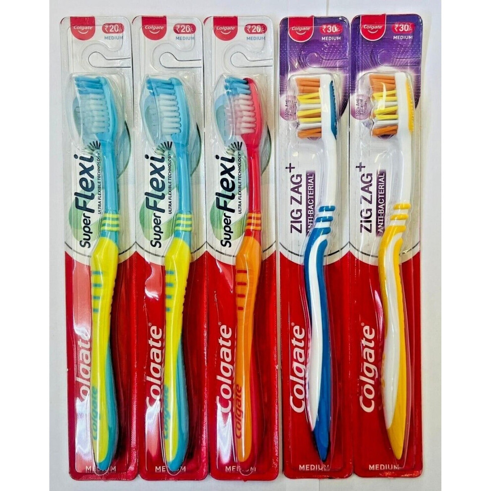 (3 x Flexi + 2 x Zig Zag) Colgate Toothbrush Medium Super Flexi & Zig Zag Anti-Bacterial Assorted