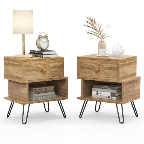 Costway 2 PCS Bedside Table w/Drawers & Legs Wooden Nightstand Sofa Side Table