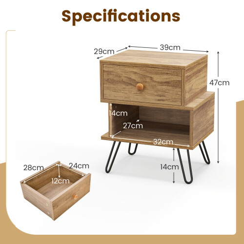 Costway 2 PCS Bedside Table w/Drawers & Legs Wooden Nightstand Sofa Side Table 2