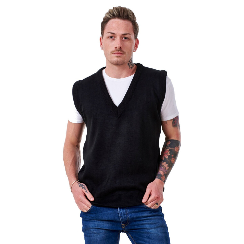 (Black, XXXL) Malay Mens Plain Knitted V Neck Classic Sleeveless Cardigans Tops Jumpers Size S-5XL