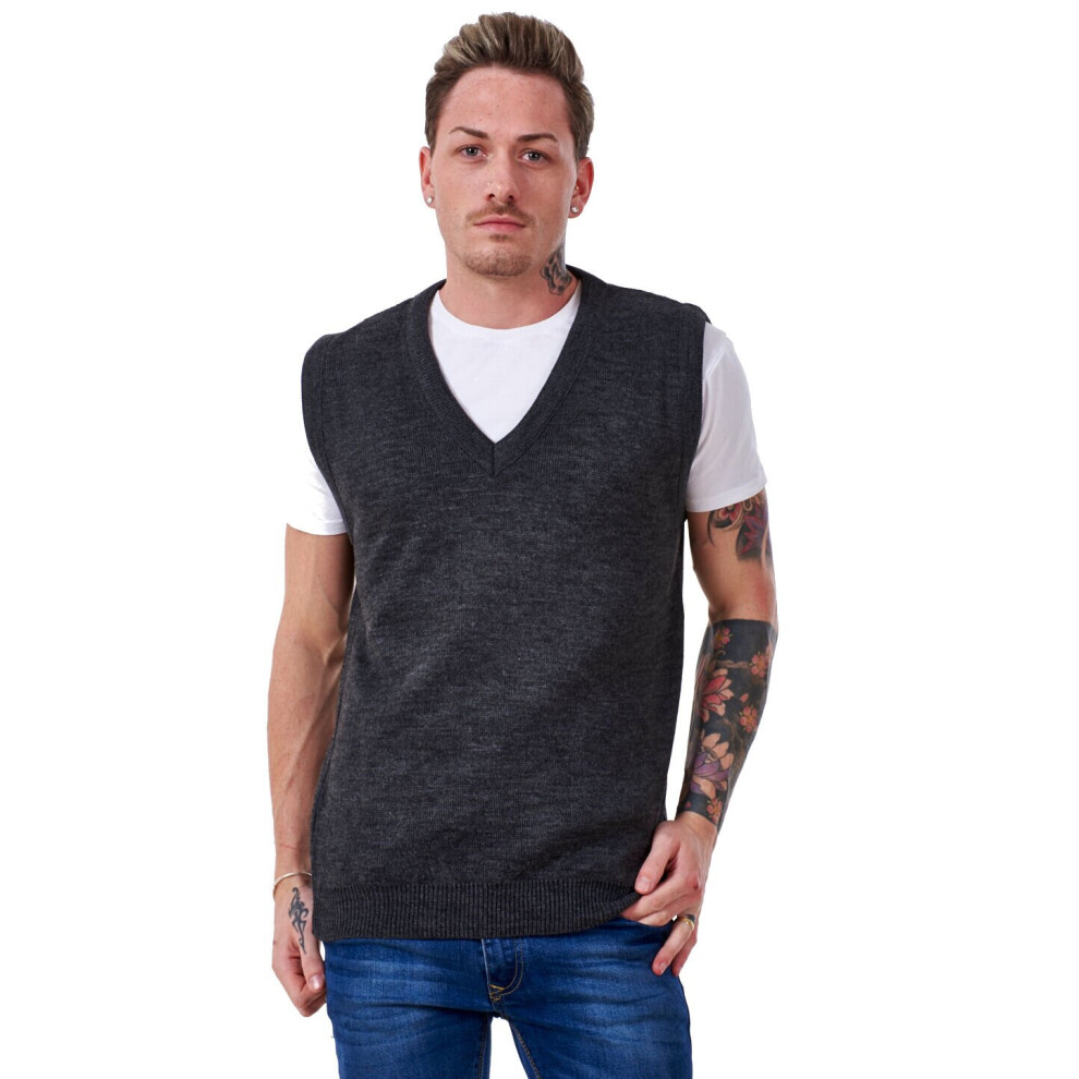 (Charcoal , L) Malay Mens Plain Knitted V Neck Classic Sleeveless Cardigans Tops Jumpers Size S-5XL