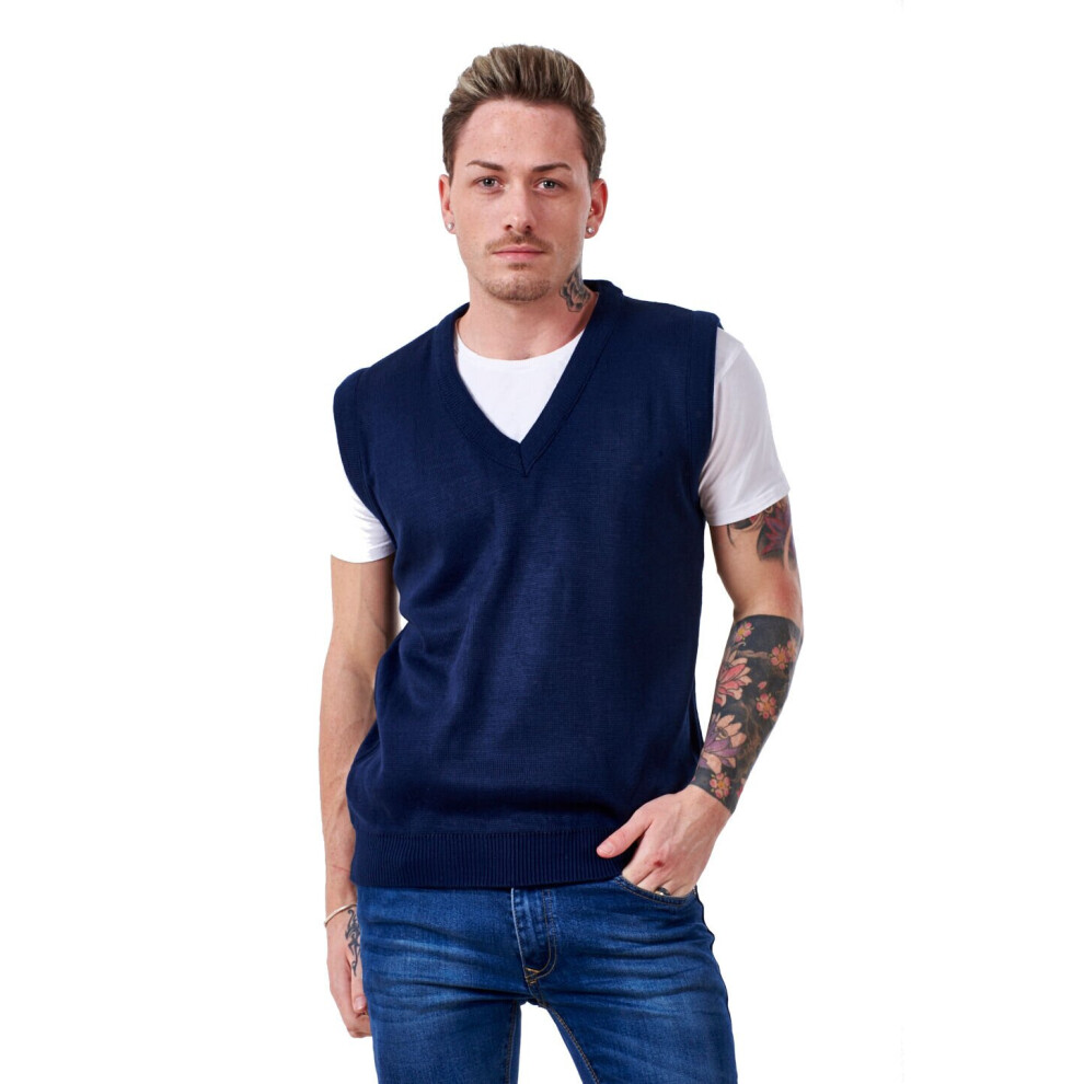 (Navy, L) Malay Mens Plain Knitted V Neck Classic Sleeveless Cardigans Tops Jumpers Size S-5XL 