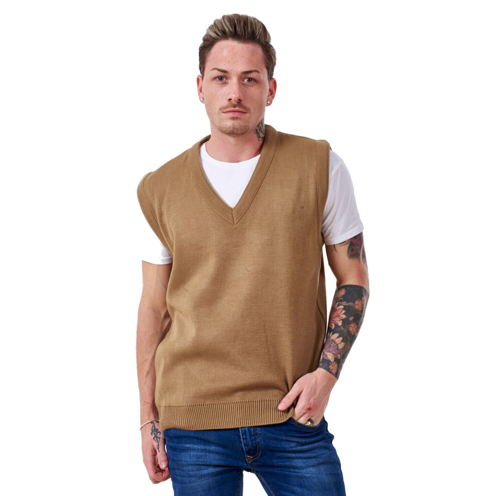 (Beige, 5XL) Malay Mens Plain Knitted V Neck Classic Sleeveless Cardigans Tops Jumpers Size S-5XL 