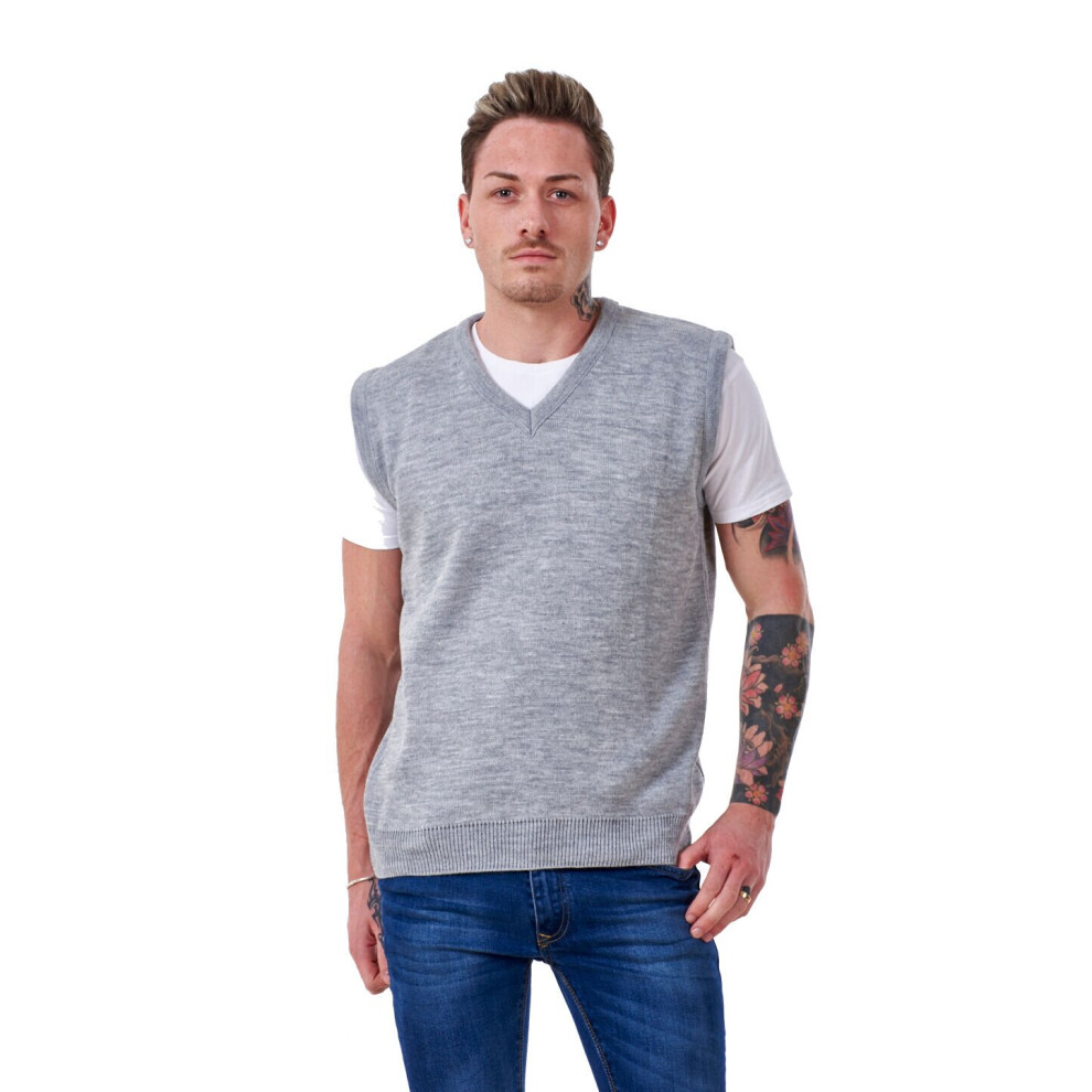 (Silver Grey, XXL) Malay Mens Plain Knitted V Neck Classic Sleeveless Cardigans Tops Jumpers Size S-5XL