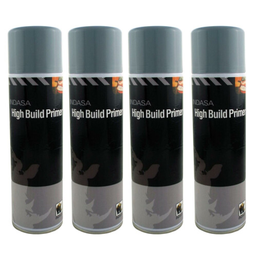 4 x Indasa Grey One Pack High Build Acrylic Based Primer 500ml Aerosol