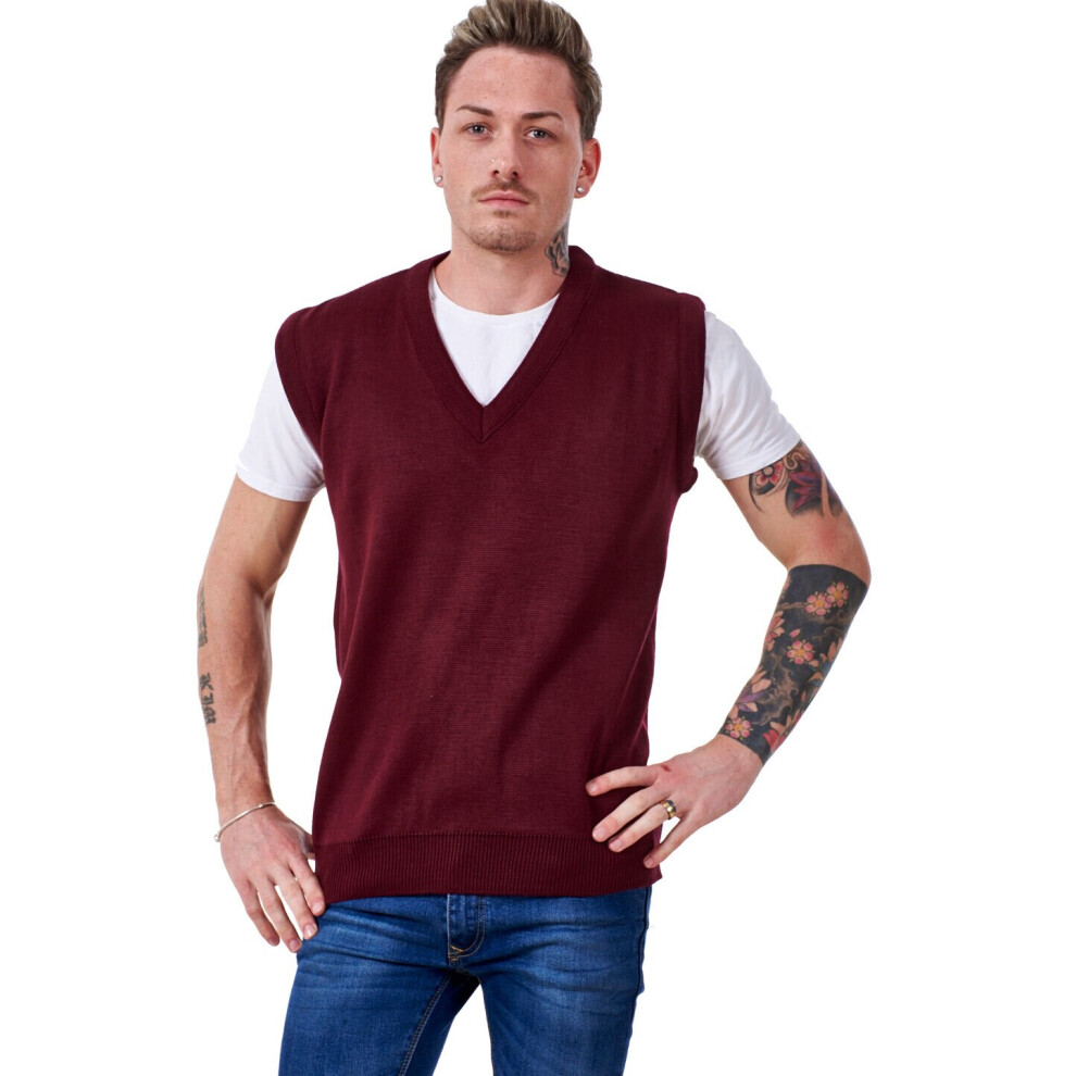 (Burgundy, XXL) Malay Mens Plain Knitted V Neck Classic Sleeveless Cardigans Tops Jumpers Size S-5XL