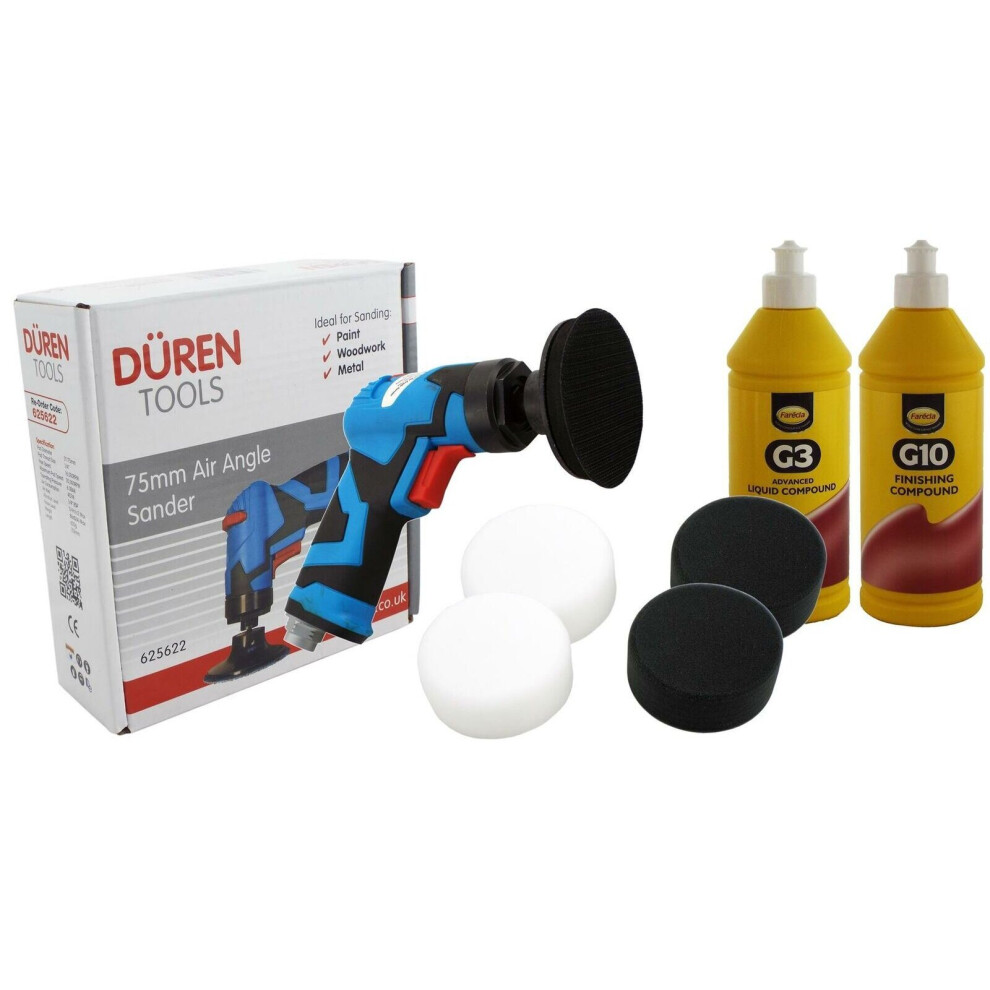 Duren 75mm Air Angle Sander + 3" Backing Pad + Foam pads + Farecla G3 & G10 