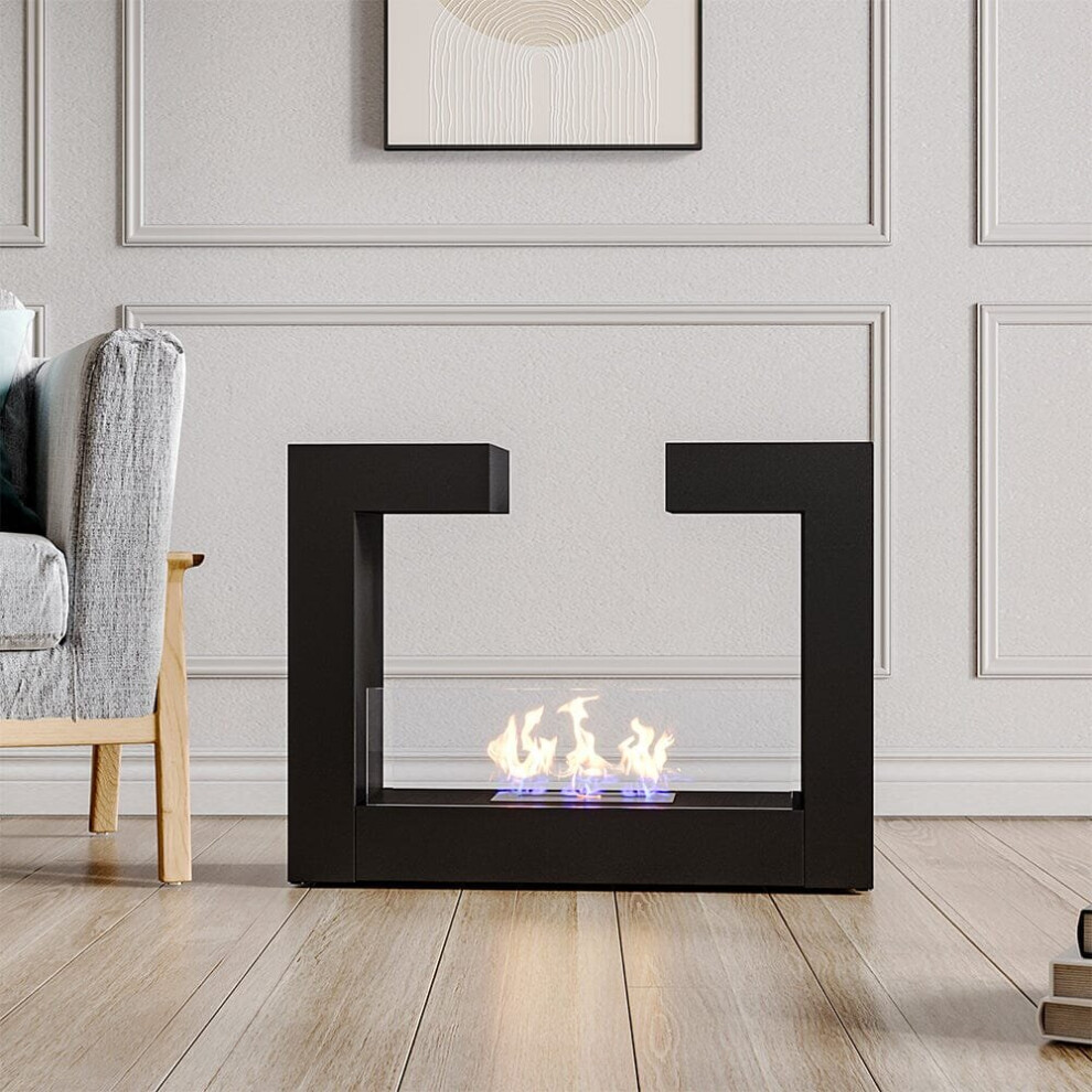 (Black) Rectangular Freestanding Double Sided Ethanol Fireplace