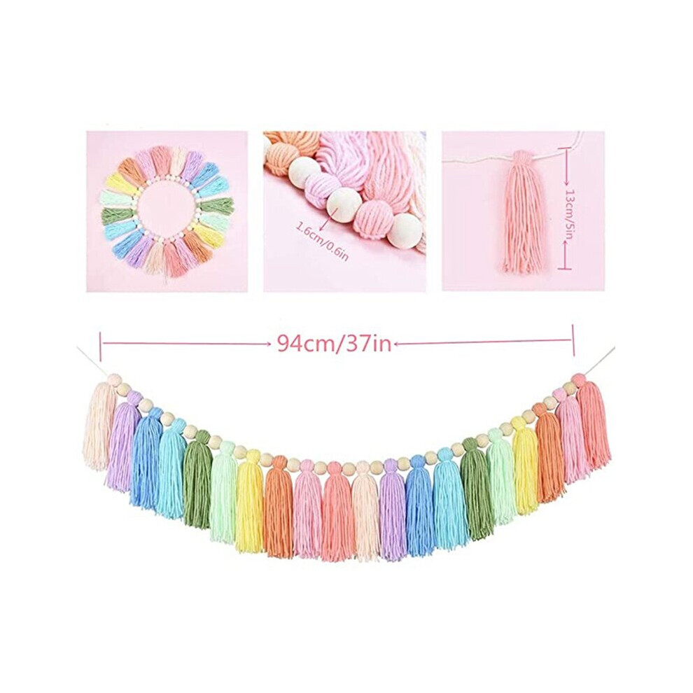 3Pcs Boho Rainbow Tassel Garlands Tassel Banners With Wood Beads For Bedroom Baby Nursery Room Wall Decoration