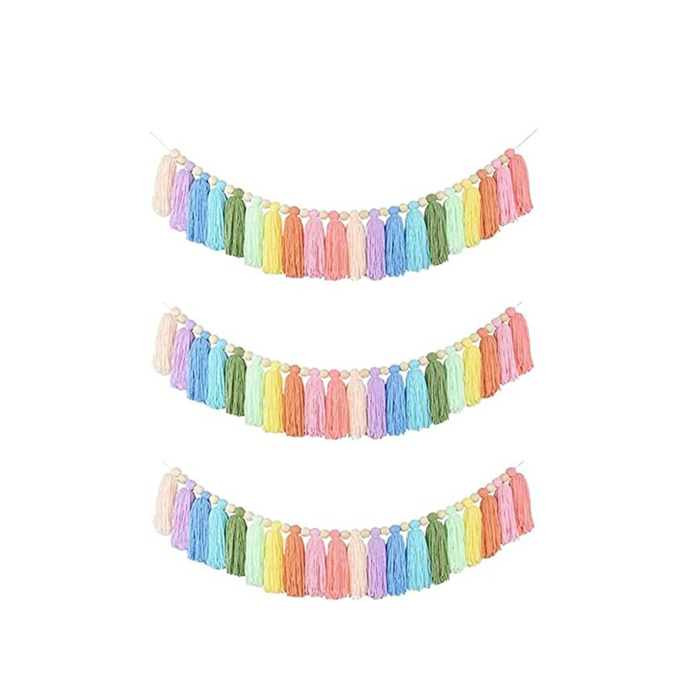 3Pcs Boho Rainbow Tassel Garlands Tassel Banners With Wood Beads For Bedroom Baby Nursery Room Wall Decoration