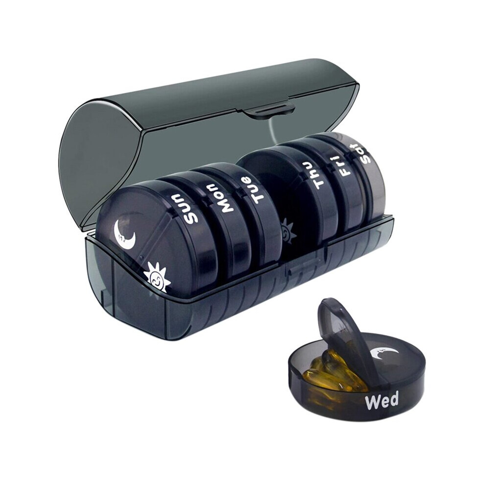 Black Daily Pill Organizer (Twice-A-Day) - Weekly Am/Pm Pill Box, Round Medicine Organizer, 7 Pill Container