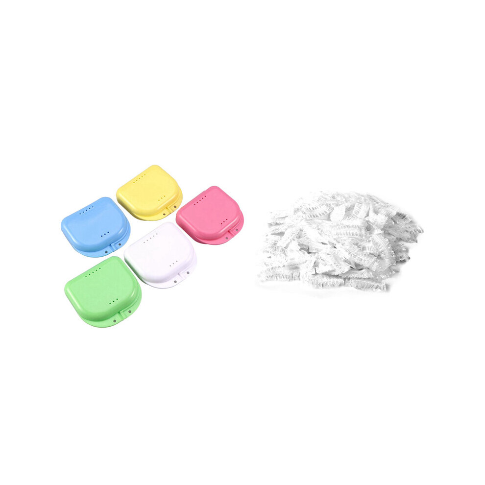 Multicoloured 5Pcs Mouth Guard Case Orthodontic Dental Retainer Box With 100Pcs Disposable Bath Shower/Dyeing Hair Ear Guard