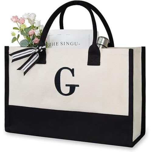 (G) Women Personalized Initial Canvas Handbag Monogrammed Shoulder Tote Bag Present Gift