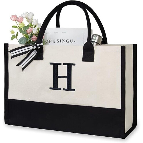 (H) Women Personalized Initial Canvas Handbag Monogrammed Shoulder Tote Bag Present Gift