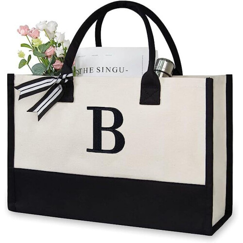 (B) Women Personalized Initial Canvas Handbag Monogrammed Shoulder Tote Bag Present Gift