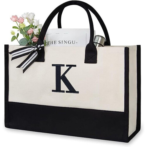 (K) Women Personalized Initial Canvas Handbag Monogrammed Shoulder Tote Bag Present Gift
