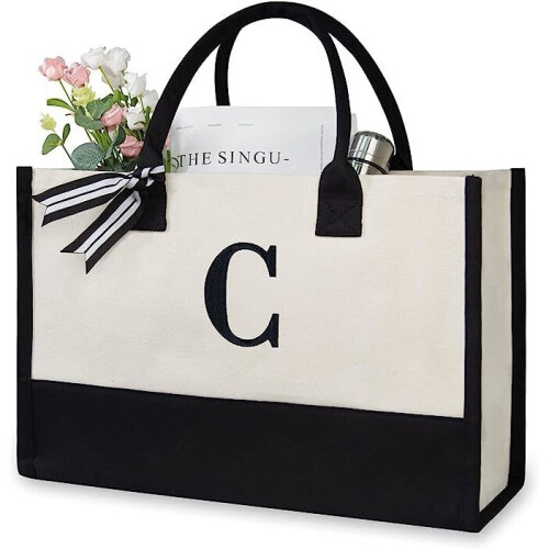 (C) Women Personalized Initial Canvas Handbag Monogrammed Shoulder Tote Bag Present Gift