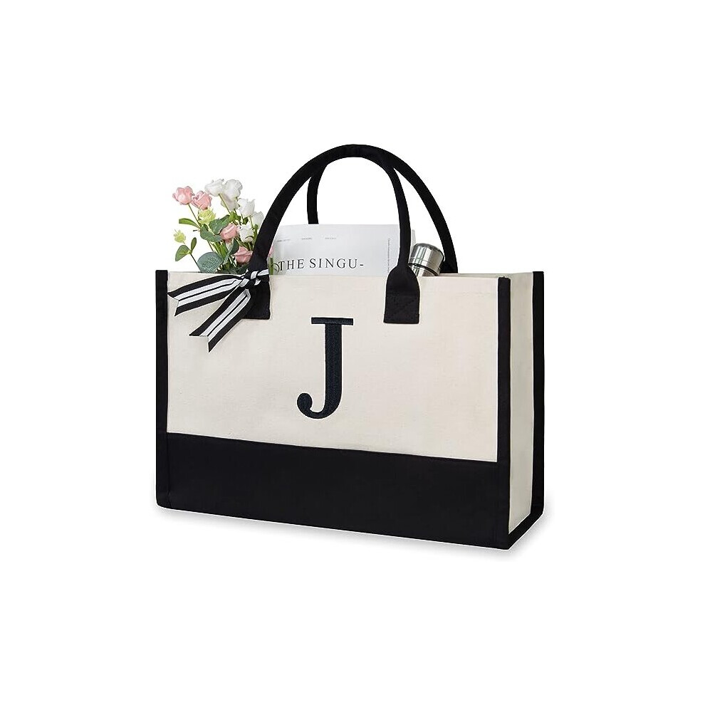 (J) Women Personalized Initial Canvas Handbag Monogrammed Shoulder Tote Bag Present Gift