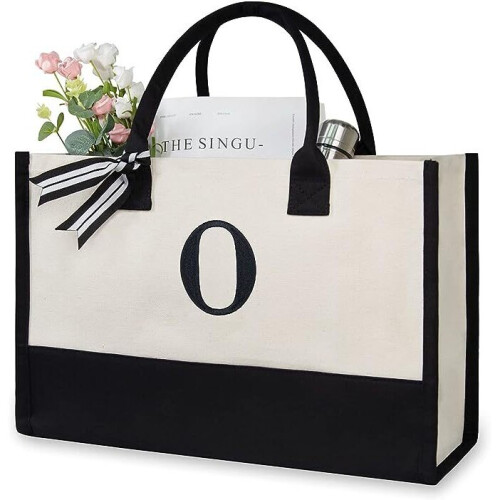 (O) Women Personalized Initial Canvas Handbag Monogrammed Shoulder Tote Bag Present Gift
