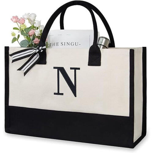 (N) Women Personalized Initial Canvas Handbag Monogrammed Shoulder Tote Bag Present Gift