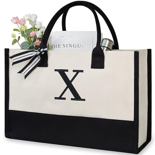(X) Women Personalized Initial Canvas Handbag Monogrammed Shoulder Tote Bag Present Gift