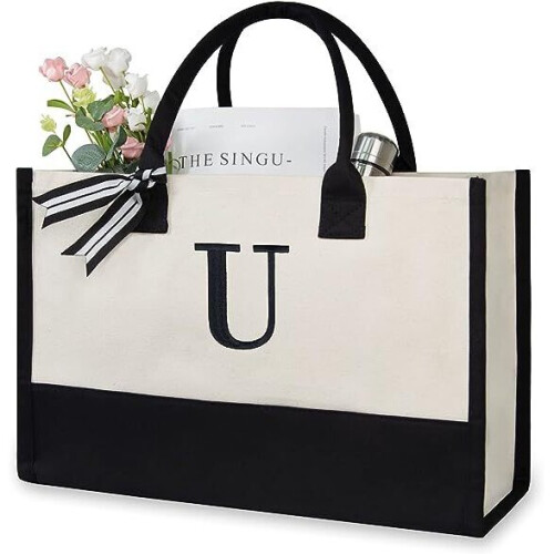 (U) Women Personalized Initial Canvas Handbag Monogrammed Shoulder Tote Bag Present Gift