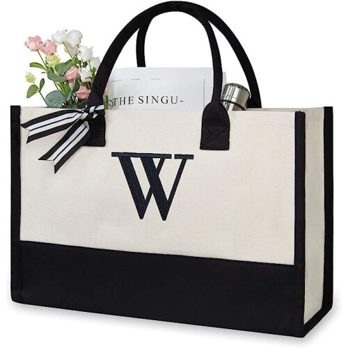 (W) Women Personalized Initial Canvas Handbag Monogrammed Shoulder Tote Bag Present Gift