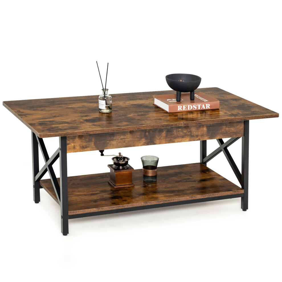 (110 x 60cm, Brown) Industrial 2-Tier Coffee Table X-Shape Steel Frame