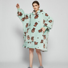 ( Mint green bear) Ovesized Hoodie Blanket Winter Cute Print Fleece Sleepwear Warm Cosy