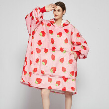 ( Pink Foundation Strawberry) Ovesized Hoodie Blanket Winter Cute Print Fleece Sleepwear Warm Cosy