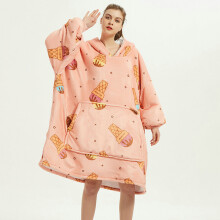 ( Pink Ice Cream) Ovesized Hoodie Blanket Winter Cute Print Fleece Sleepwear Warm Cosy
