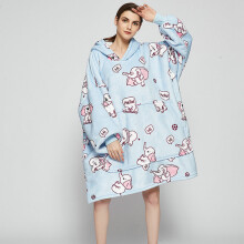 ( Blue Background Pink Elephant) Ovesized Hoodie Blanket Winter Cute Print Fleece Sleepwear Warm Cosy