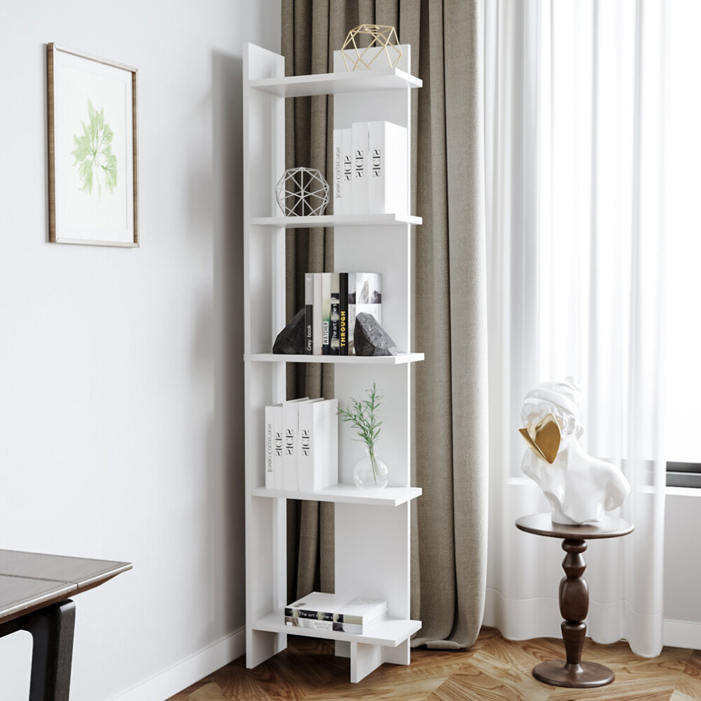 Modern 5-Tier Corner Bookshelf Shelf Unit White-image-OPC-PCG6TFW-NEW