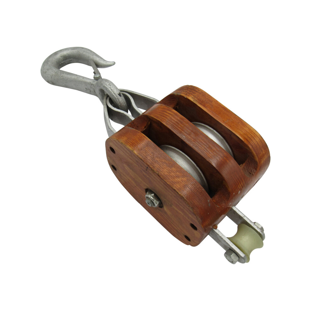 Wooden Pulley Block With Hook 4" (Double 13Mm Wire Rope) 600988482449
