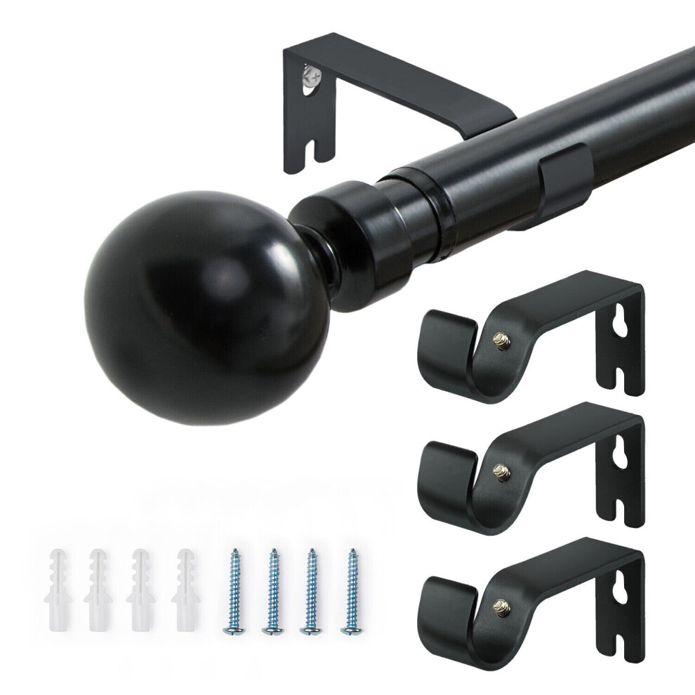 (( 160-300 cm (63" - 118" Inches), Matte Black- Plain Ball Curtain Rod) Metal Curtain Pole Extendable 28mm With Finials Rings Hooks Rod Fittings