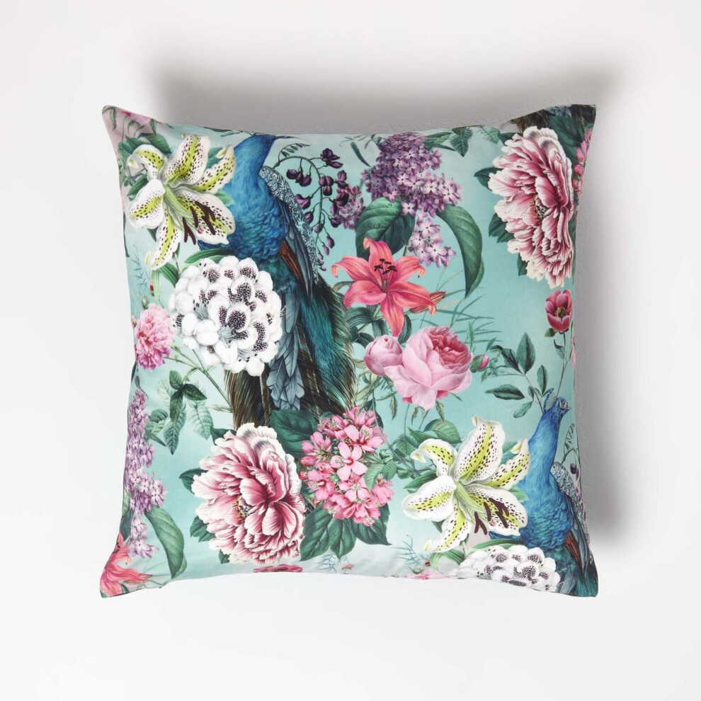Homescapes Floral Peacock Pink & Green Filled Velvet Cushion 46 X 46 Cm Pink,Green