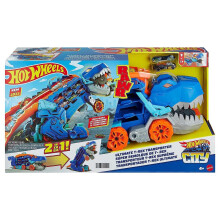 Hot Wheels City Toy Car Track Set Ultimate T-Rex Transporter Dinosaur Hauler per oltre 20 veicoli trasformabili in dinosauri con luci e suoni