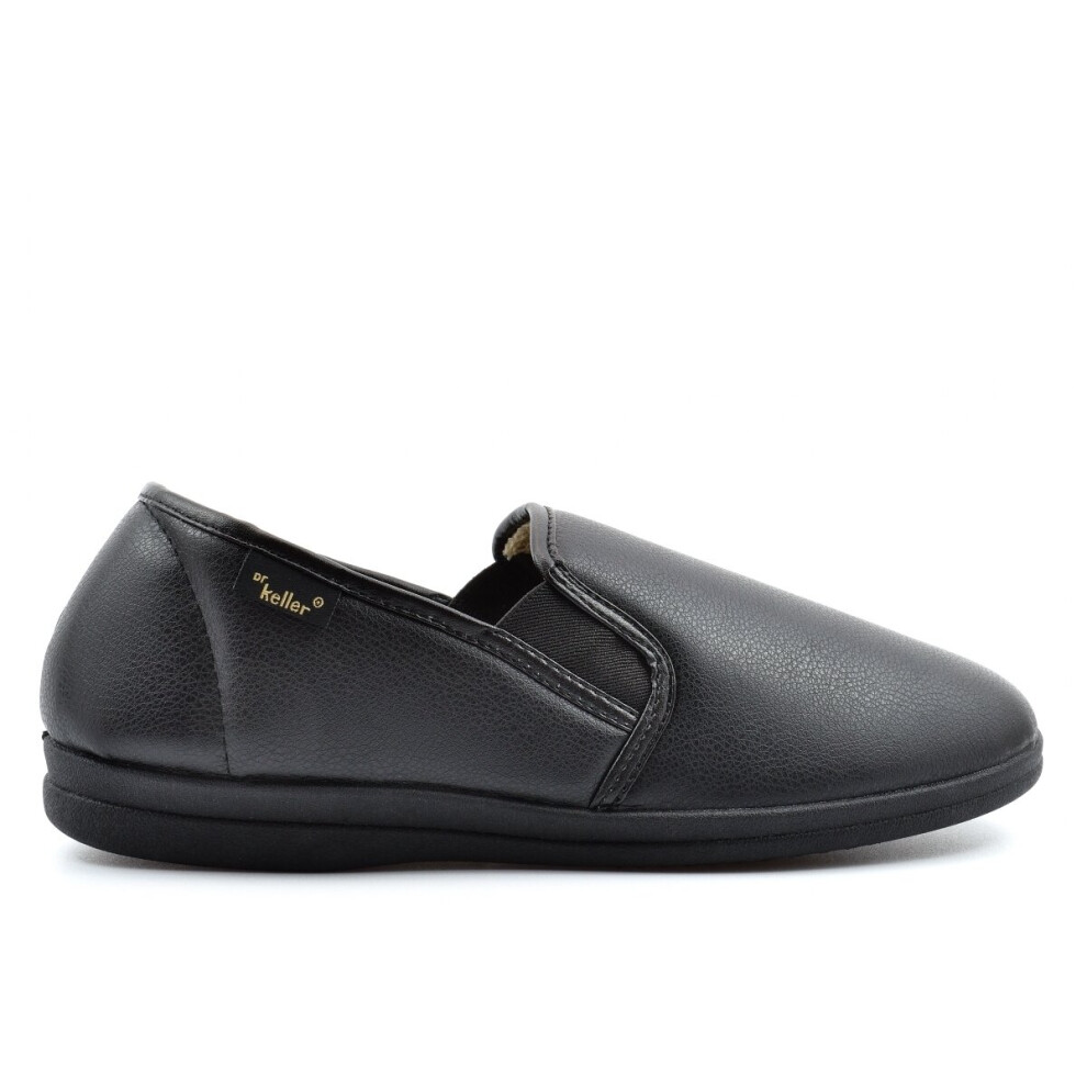 (UK 12) Dr Keller Mens Christof Faux Leather Carpet Slippers With Fleecy Lining Slip On Black