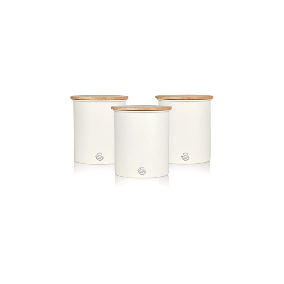 Swan 3 SWKA17513WHTN Nordic Scandi Set of 3 Storage, Tea, Coffee and Sugar Canisters, Cotton White, Steel, Bamboo Lid, One Size