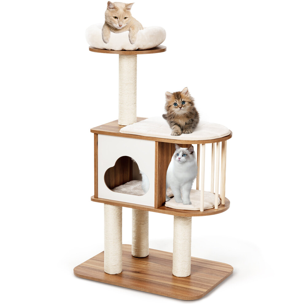 Wooden 4-Tier Cat Tree Cat Tower w/Scratching Sisal Posts & Cushions