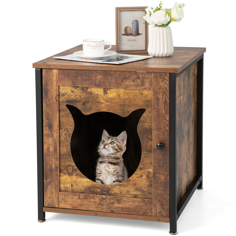 (Brown) Wooden Cat Litter Box Enclosure Kitten House w/Door Side Table