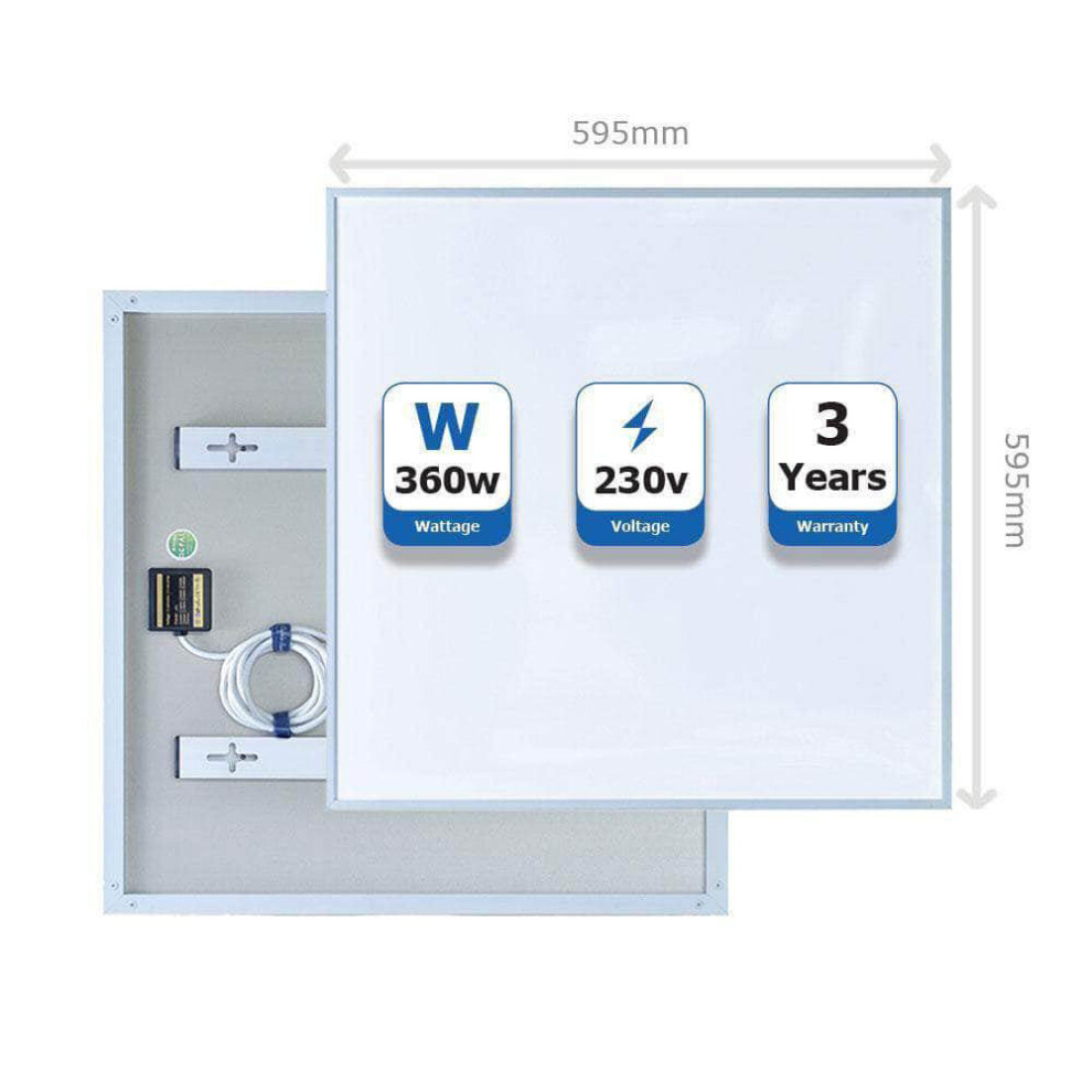360 Watts Electric Panel Heater, Energy Efficient, Wall Mounted, Ceiling or Freestanding, Infrared 595 x 595 MM for Recessed Ceiling